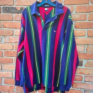 Tommy Hilfiger Navy and Red Striped Long Sleeve Shirt